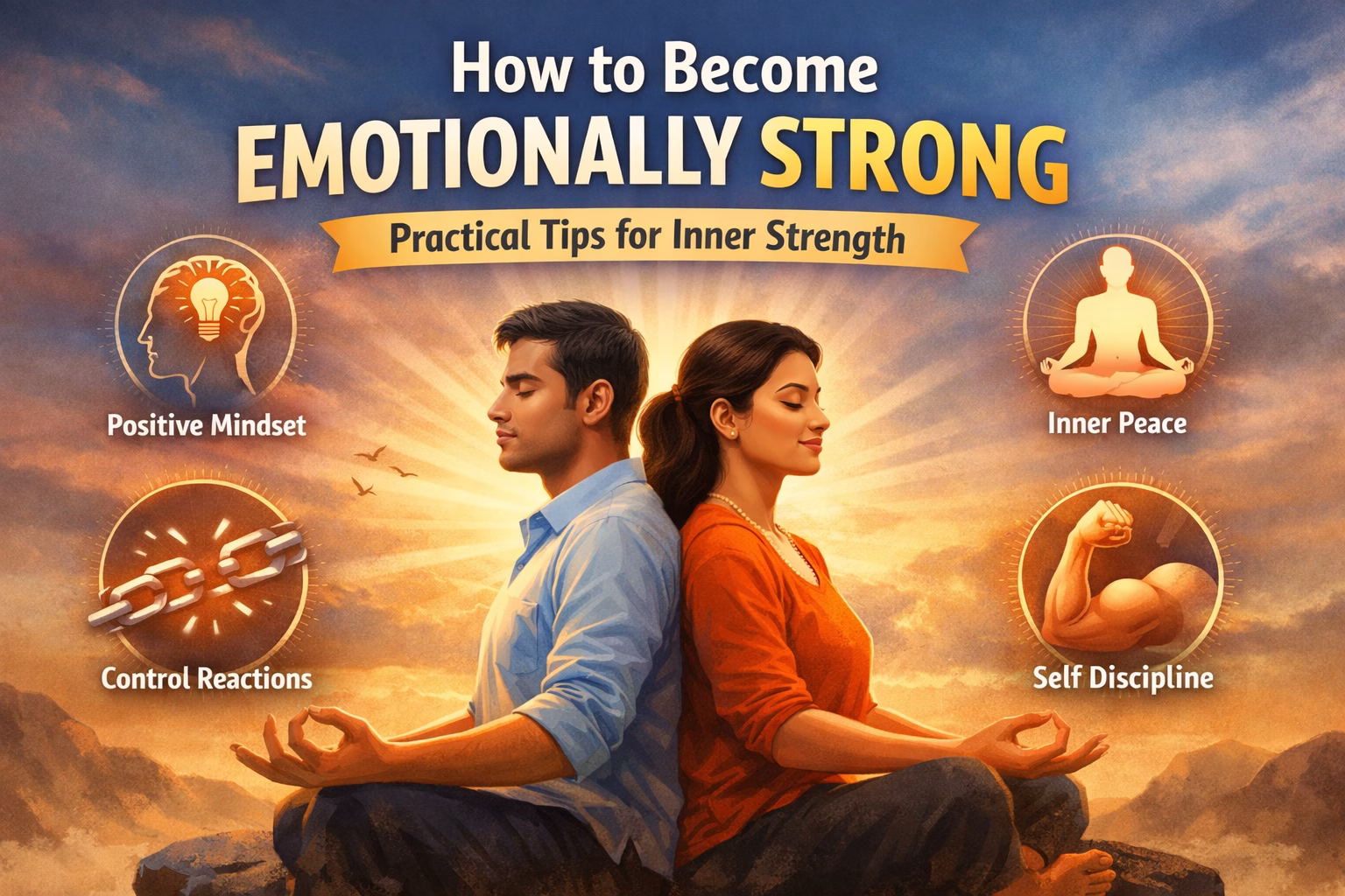Indian man and woman meditating at sunset representing emotional strength, self-discipline, inner peace and positive mindset