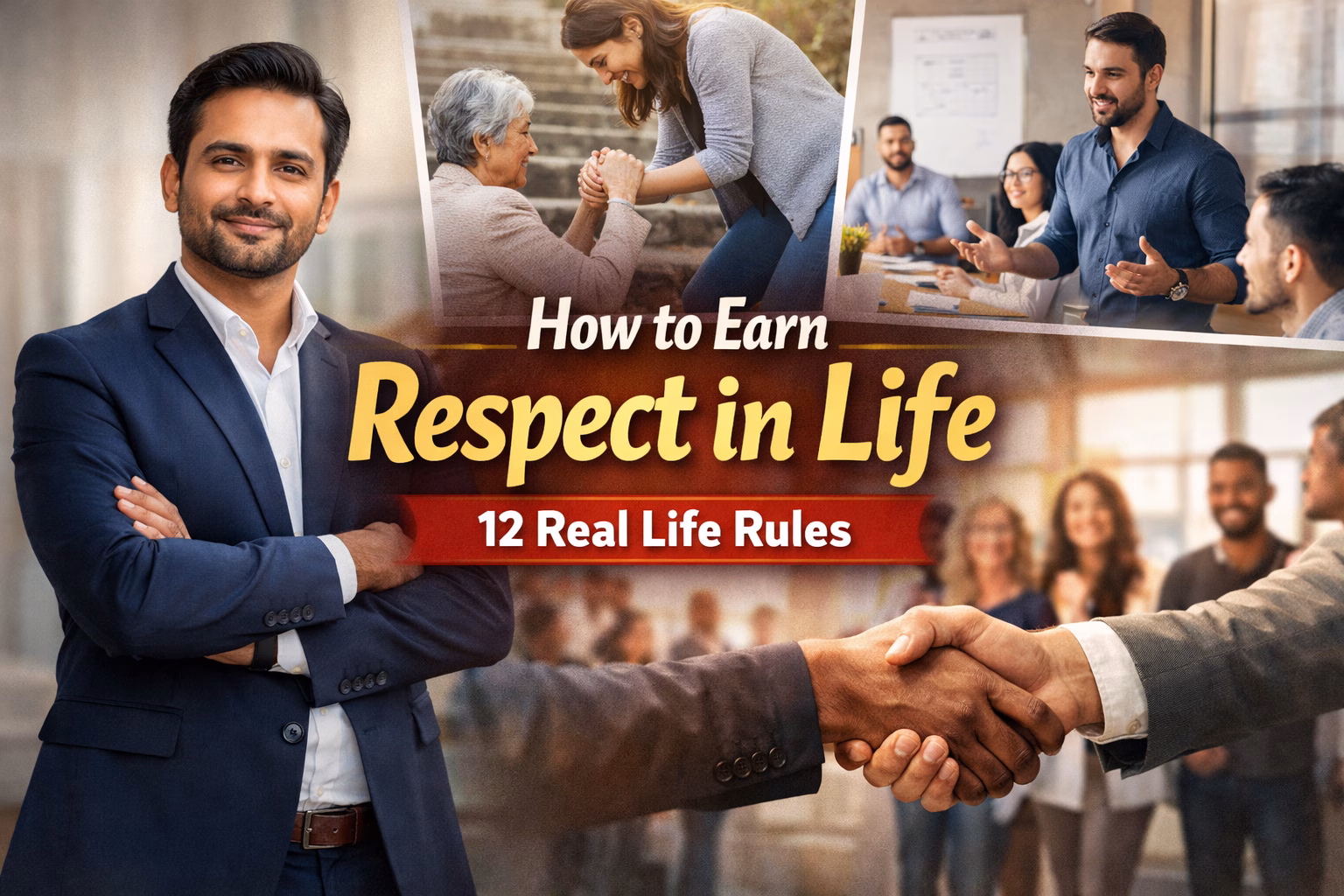 Confident professional, helping gesture, business leadership discussion, and handshake symbolizing how to earn respect in life