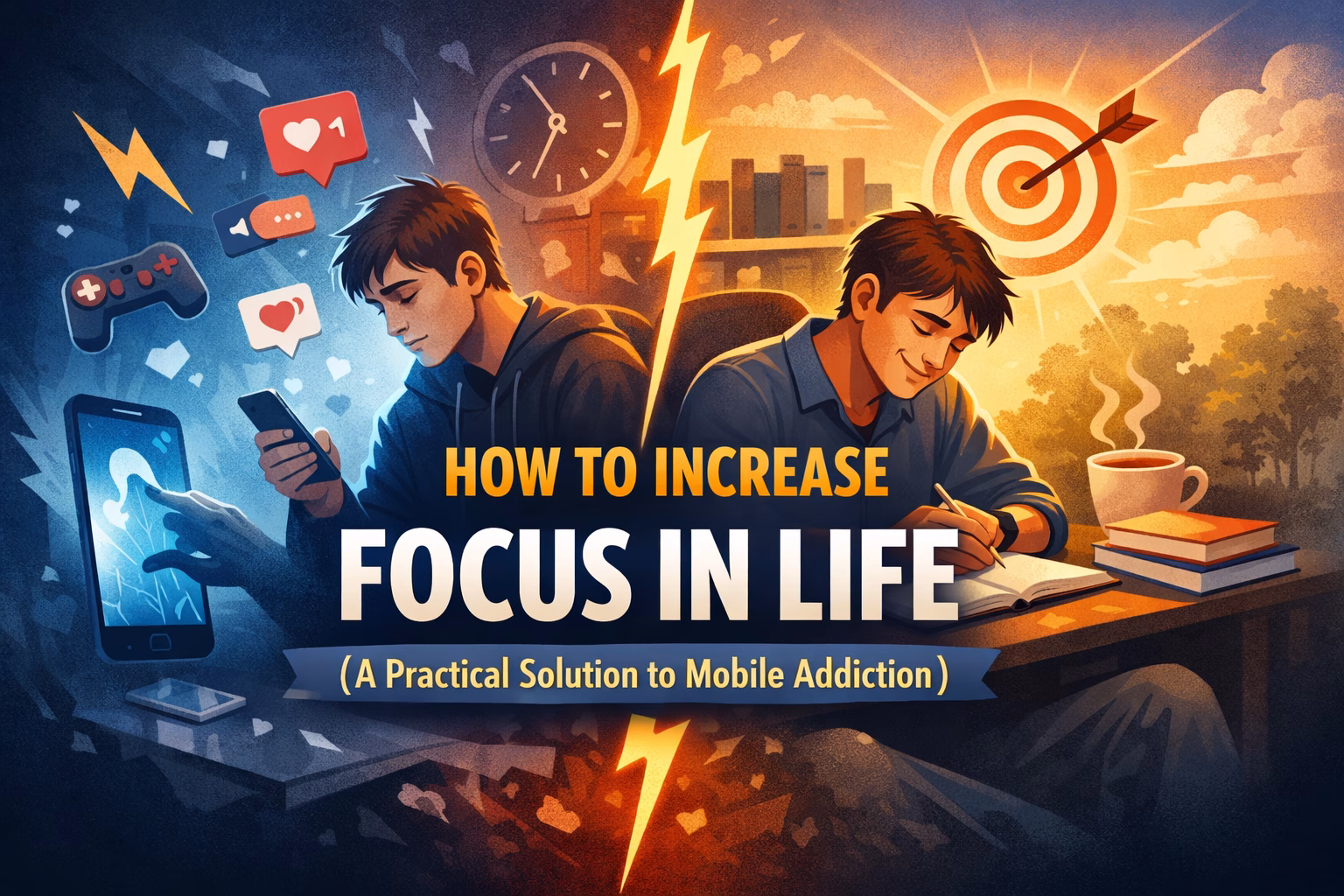Illustration showing a young man distracted by mobile phone on one side and focused on studying on the other, representing solution to mobile addiction and increasing focus in life.
