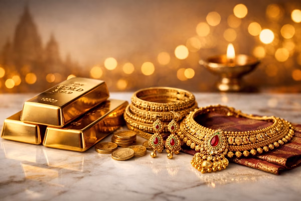 Gold bars and traditional Indian gold jewellery on marble surface with warm festive lights