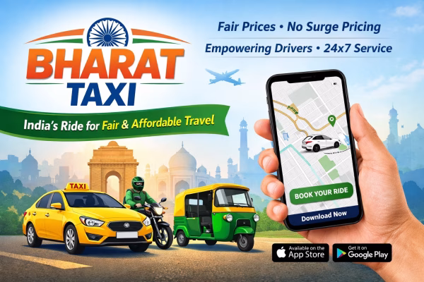 Bharat Taxi app booking screen with taxi, auto rickshaw and India landmarks showing fair pricing and no surge rides