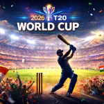 2026 T20 World Cup stadium at night with Indian cricket player hitting a six and fans waving Indian flags