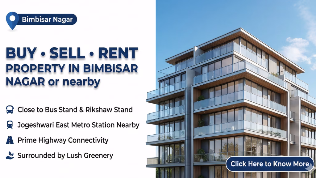 Real estate banner by Bimbisarnagar Enterprises advertising buy, sell, and rent property options in Bimbisar Nagar, featuring a modern apartment building and a list of prime location benefits.