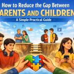 Parents and teenage children talking to bridge the generation gap, symbolized by a broken bridge and puzzle heart concept illustration.