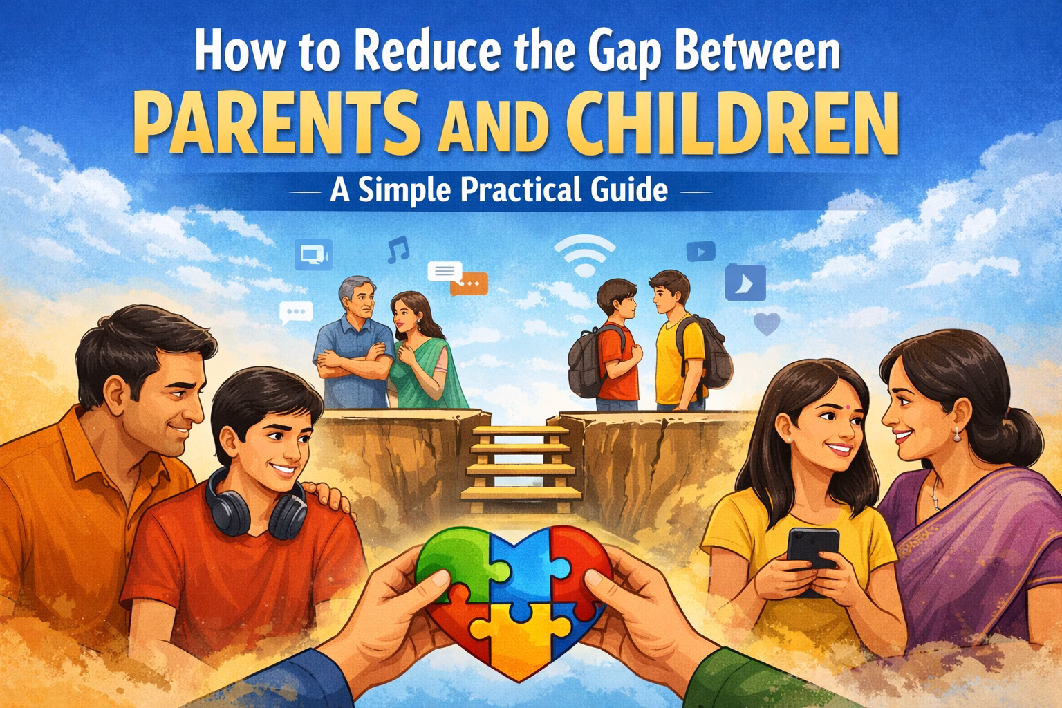 Parents and teenage children talking to bridge the generation gap, symbolized by a broken bridge and puzzle heart concept illustration.