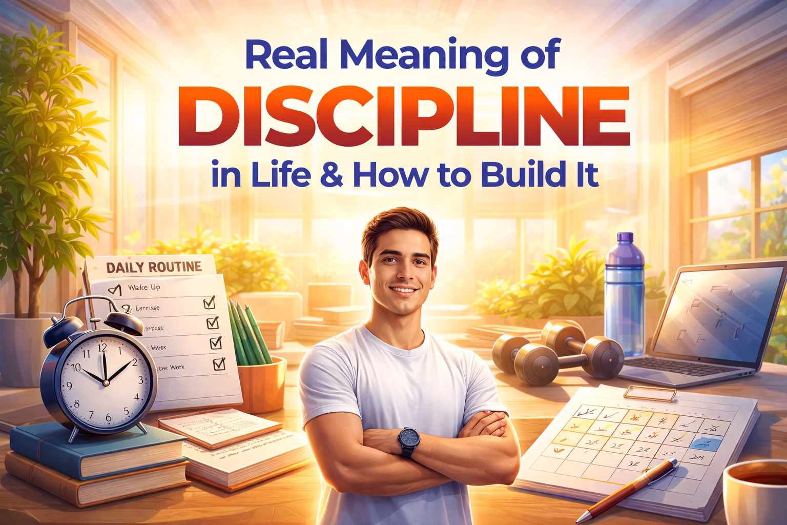 Confident young man standing in an organized workspace symbolizing discipline in life with daily routine checklist, alarm clock, calendar, books, and laptop in background.