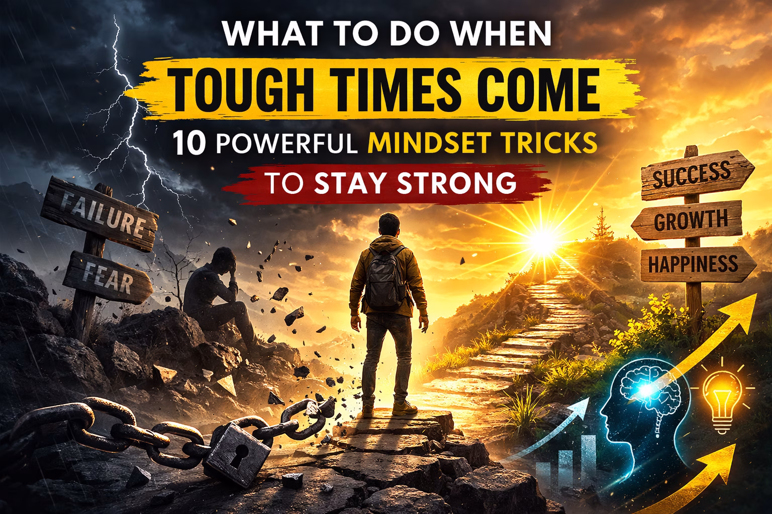 Motivational image showing a man walking from storm and failure toward sunrise and success symbolizing overcoming tough times with a strong mindset.