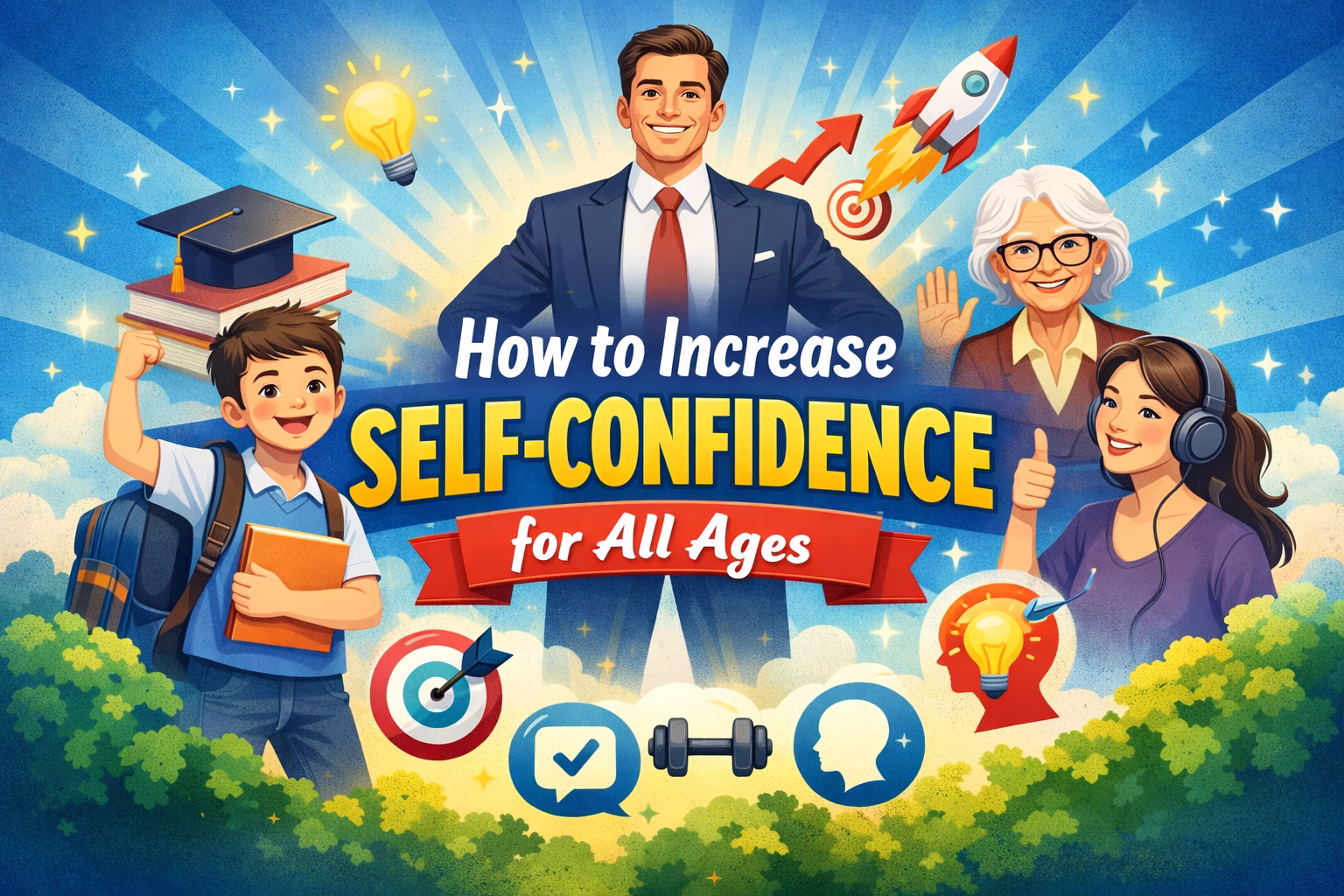 How to increase self-confidence for all ages illustration showing student, professional, and senior person representing personal growth and confidence