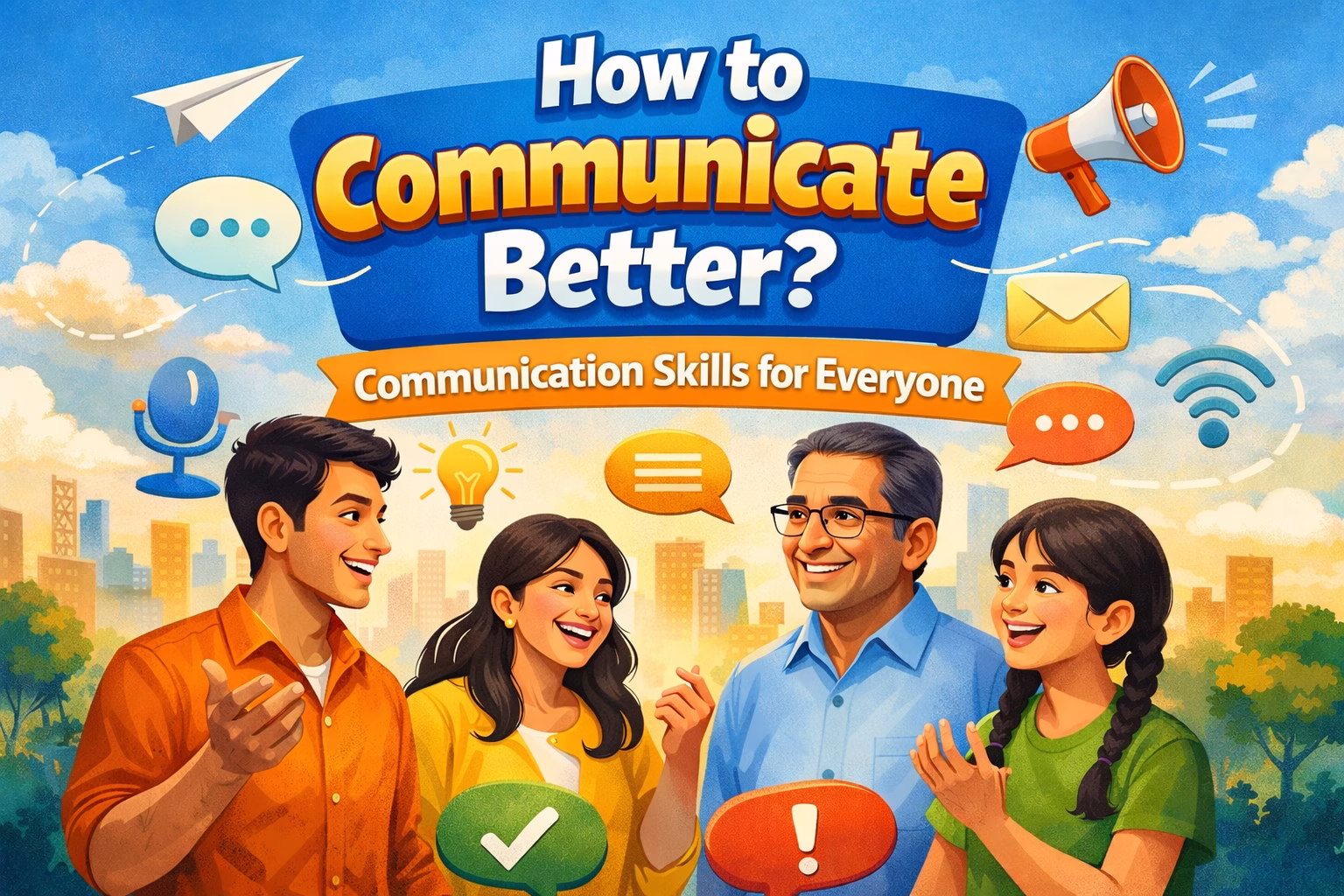 Illustration showing people talking and learning communication skills with the title How to Communicate Better – Communication Skills for Everyone