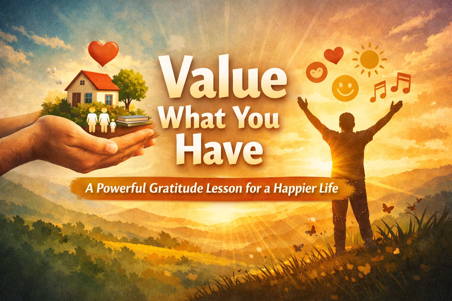 Illustration showing a person appreciating life with symbols of family, home, and happiness representing the power of gratitude