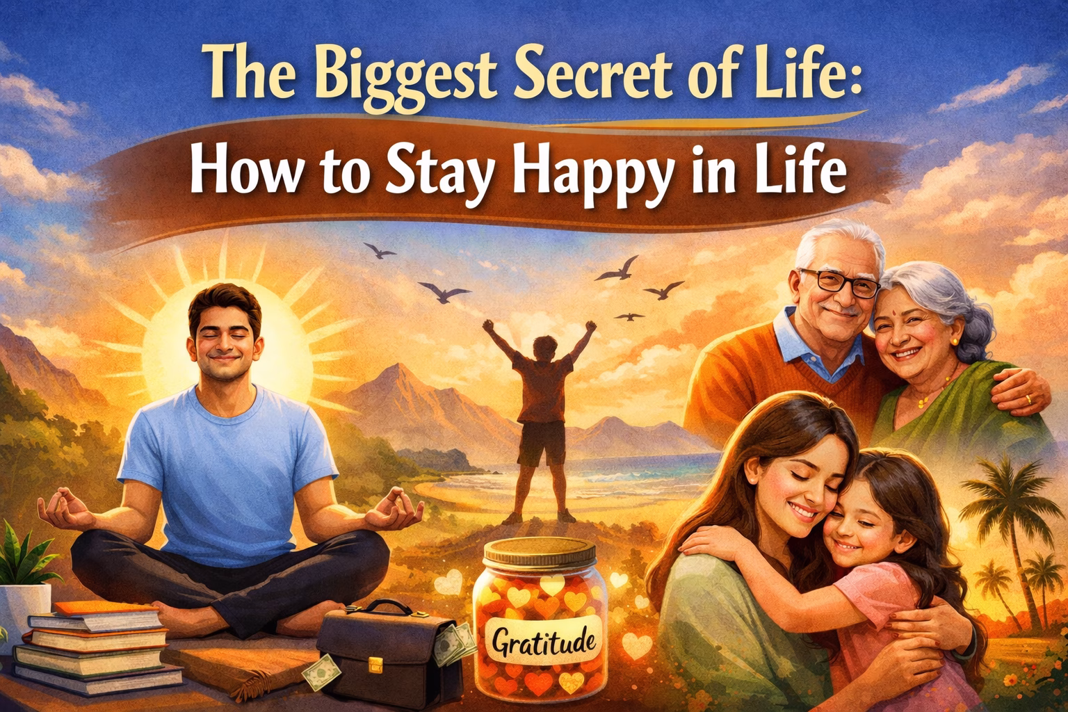 Illustration showing the biggest secret of life and ways to stay happy including meditation, family love, gratitude, and positive mindset